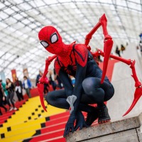 Person im Spider-Man-Kostüm posiert vor der roten Treppe im Eingangsbereich der Glashalle der Leipziger Messe auf der Manga Comic Con 2025 Person im Spider-Man-Kostüm posiert vor der roten Treppe im Eingangsbereich der Glashalle der Leipziger Messe auf der Manga Comic Con 2025