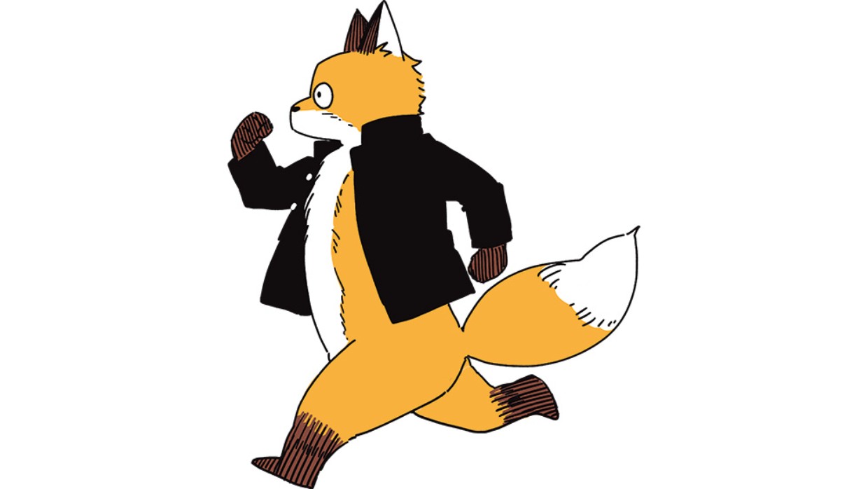 Maskottchen des Autors Satoru Nii, ein Fuchs mit schwarzer Jacke, der nach links rennend dargestellt wird.