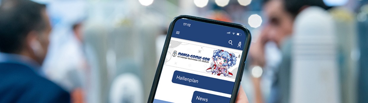 Smartphone mit der Manga-Comic-Con App auf dem Display